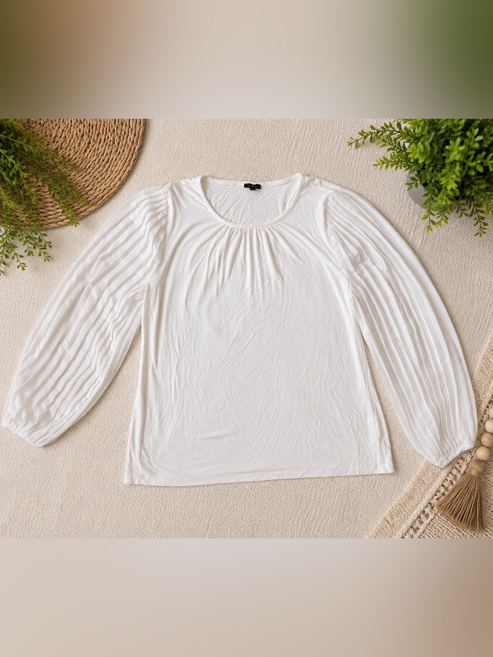 Talbots White Scoop Neck Long Sleeve Top with Pleated Sheer Sleeves